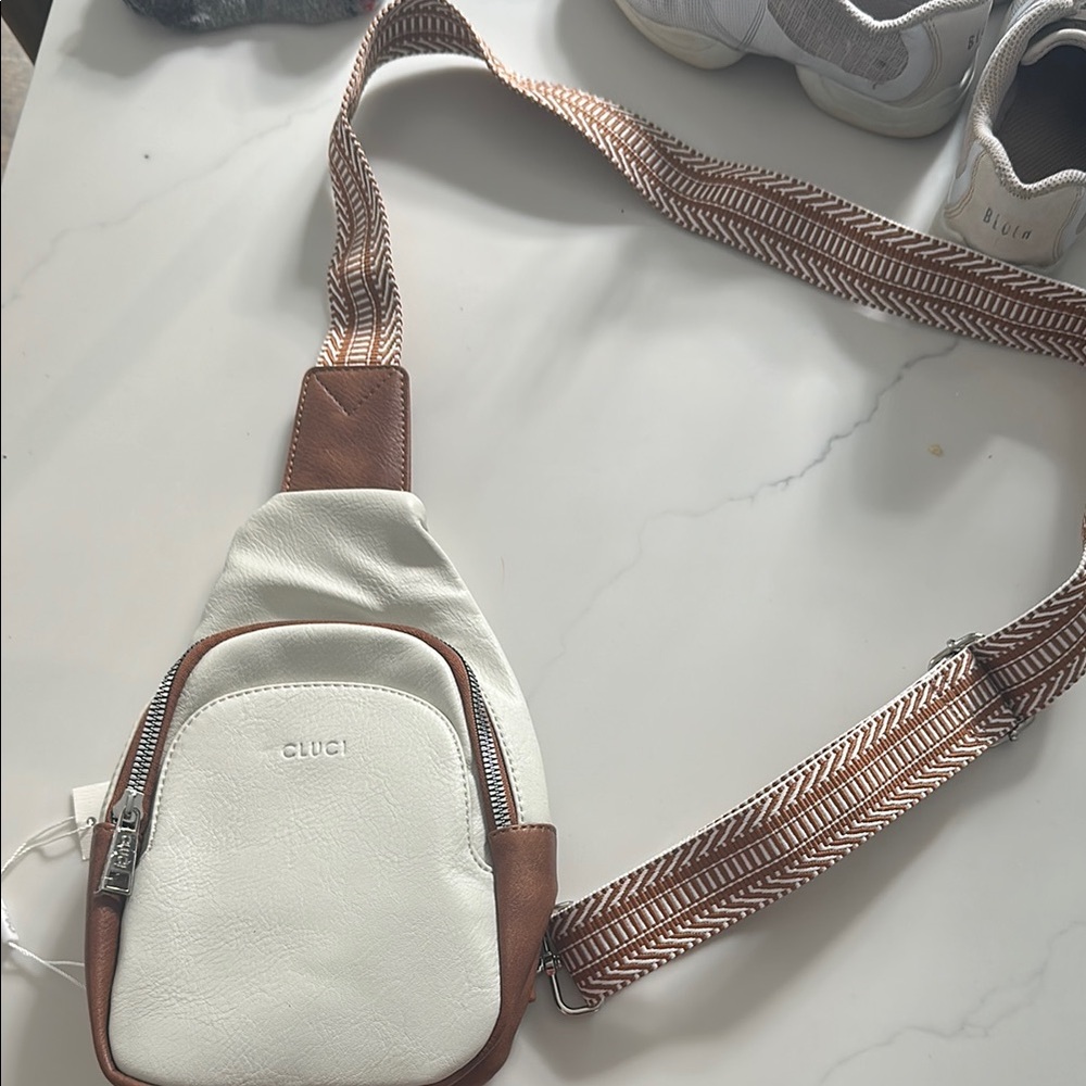 White and Brown Belt Bag with Structured Design